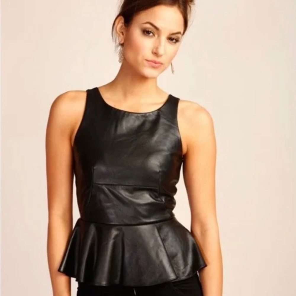 Black Faux Leather Peplum Top